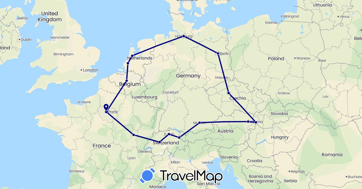 TravelMap itinerary: driving in Austria, Belgium, Switzerland, Czech Republic, Germany, France, Liechtenstein, Netherlands, Slovakia (Europe)